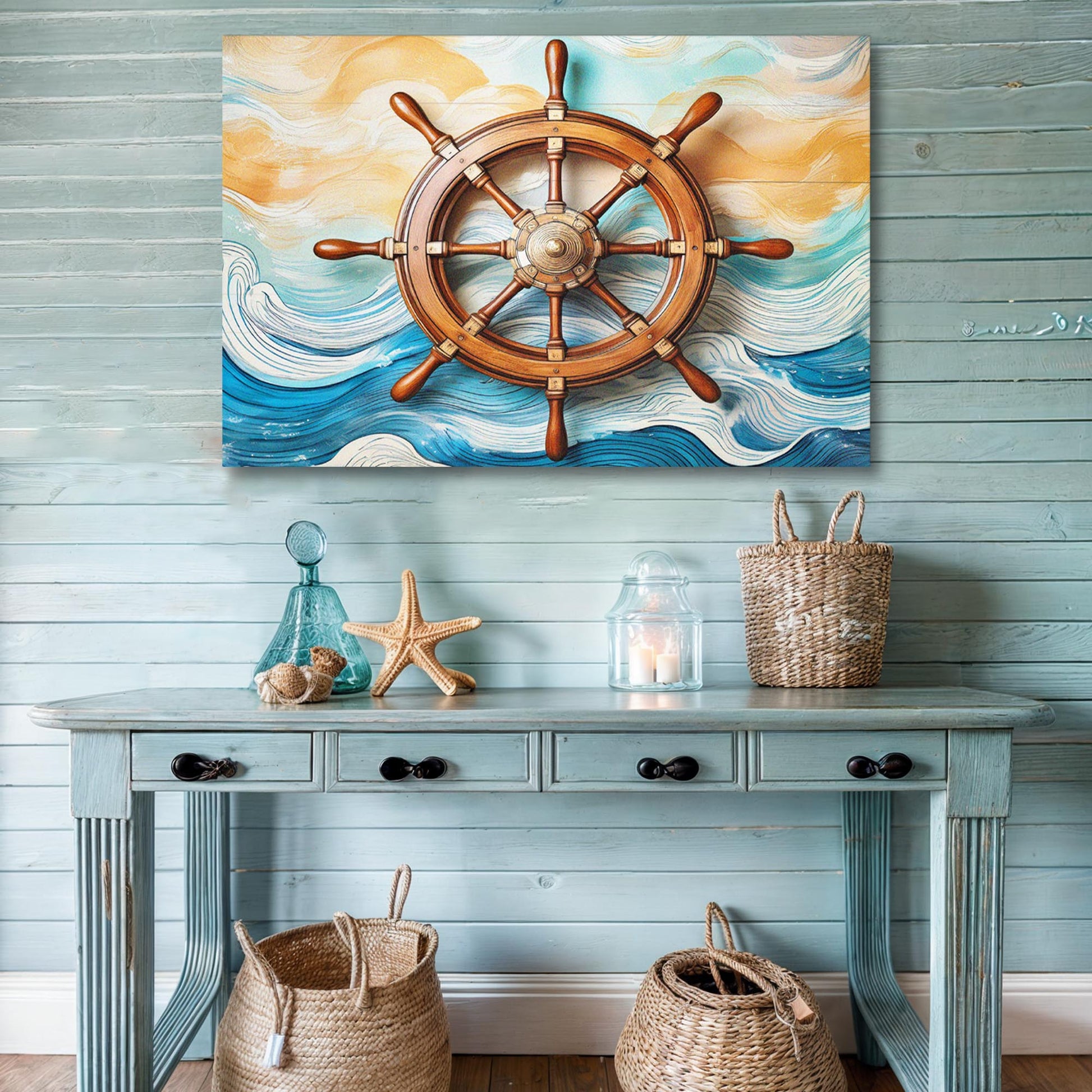 Sailboat ship wheel coastal canvas wall art II with breezy nautical sailing design