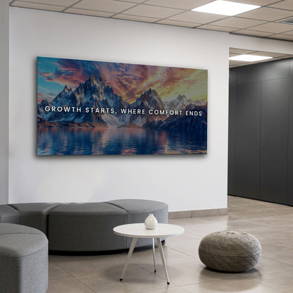 Growth Starts Where Comfort Ends motivational canvas wall art, ready to hang