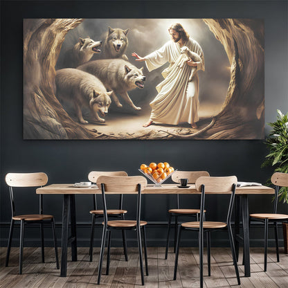 Jesus Protects The Lamb faith canvas wall art with a warm comforting scene, ready to hang