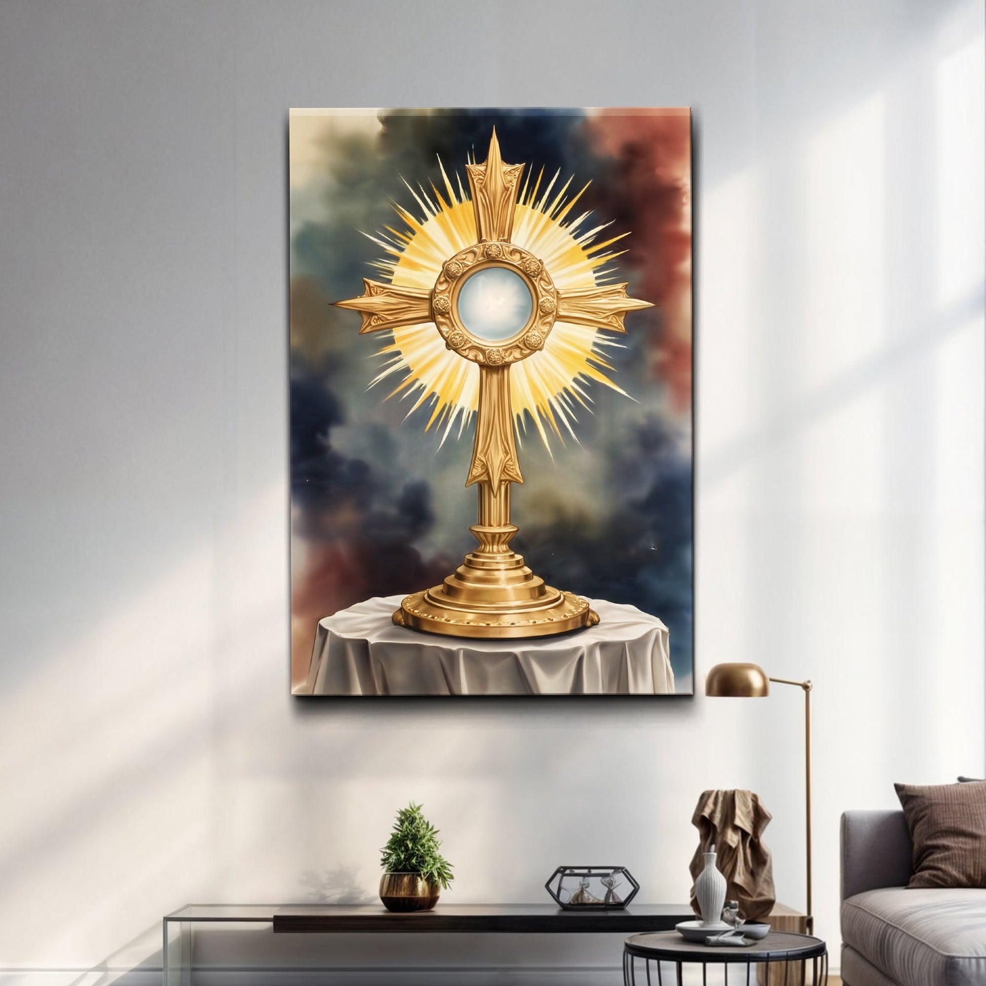 Holy Eucharist in monstrance Catholic canvas wall art with reverent devotional imagery on premium gallery-wrapped canvas