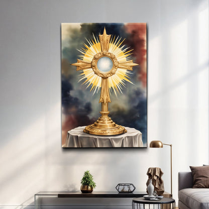 Golden monstrance holding the Eucharist on a white altar cloth against a deep blue sky, on gallery-wrapped canvas