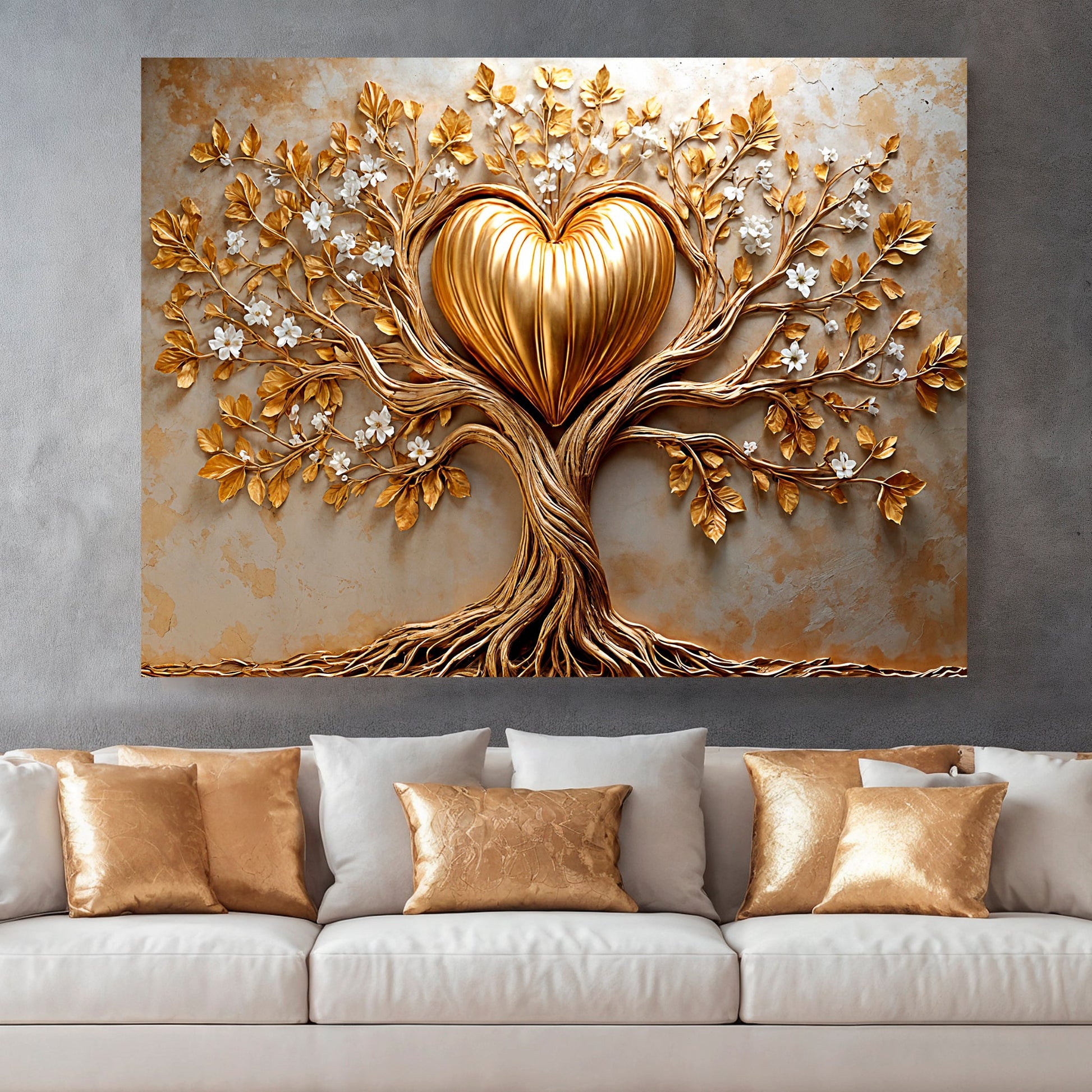 Golden tree heart canvas wall art with two intertwining trees forming a heart in gold tones