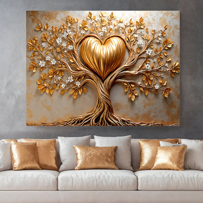 Golden tree heart canvas wall art with two intertwining trees forming a heart in gold tones