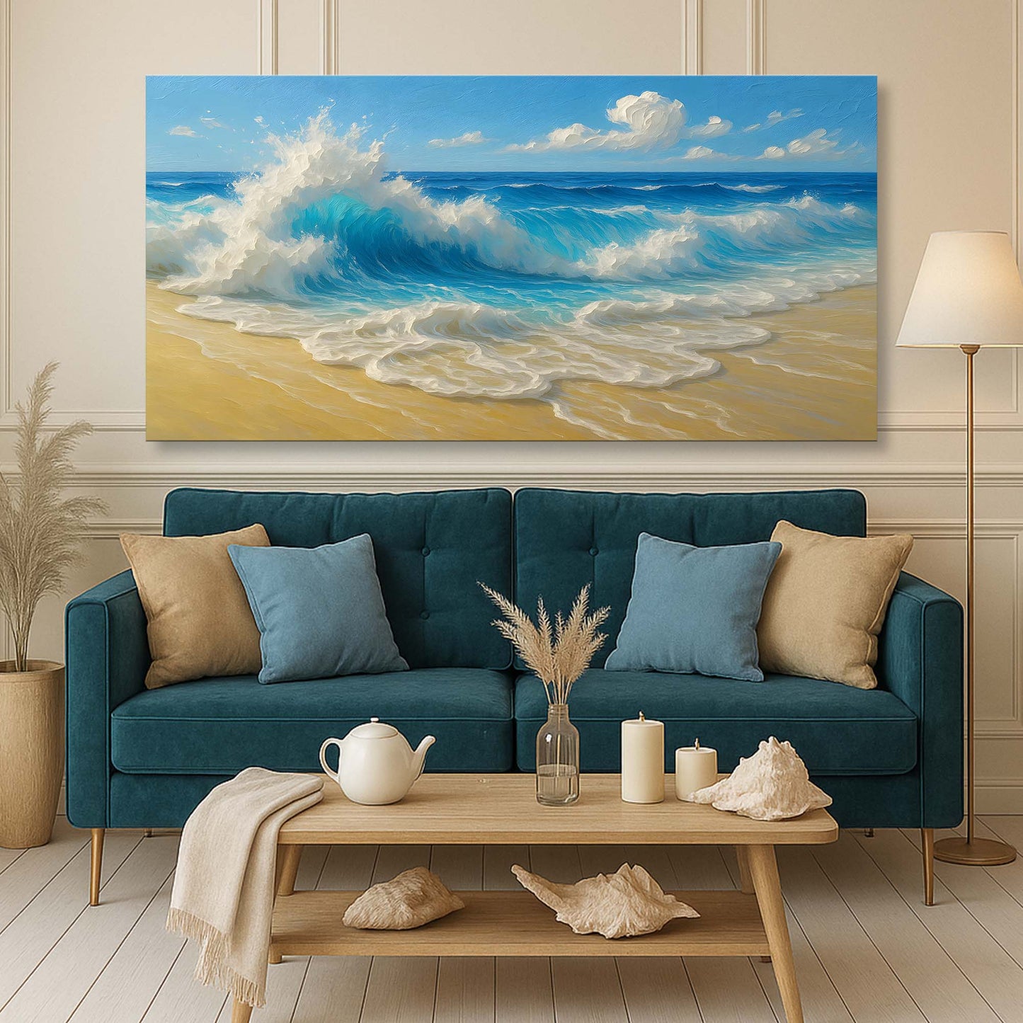 Serene ocean wave coastal canvas wall art in quiet calm tones, ready to hang