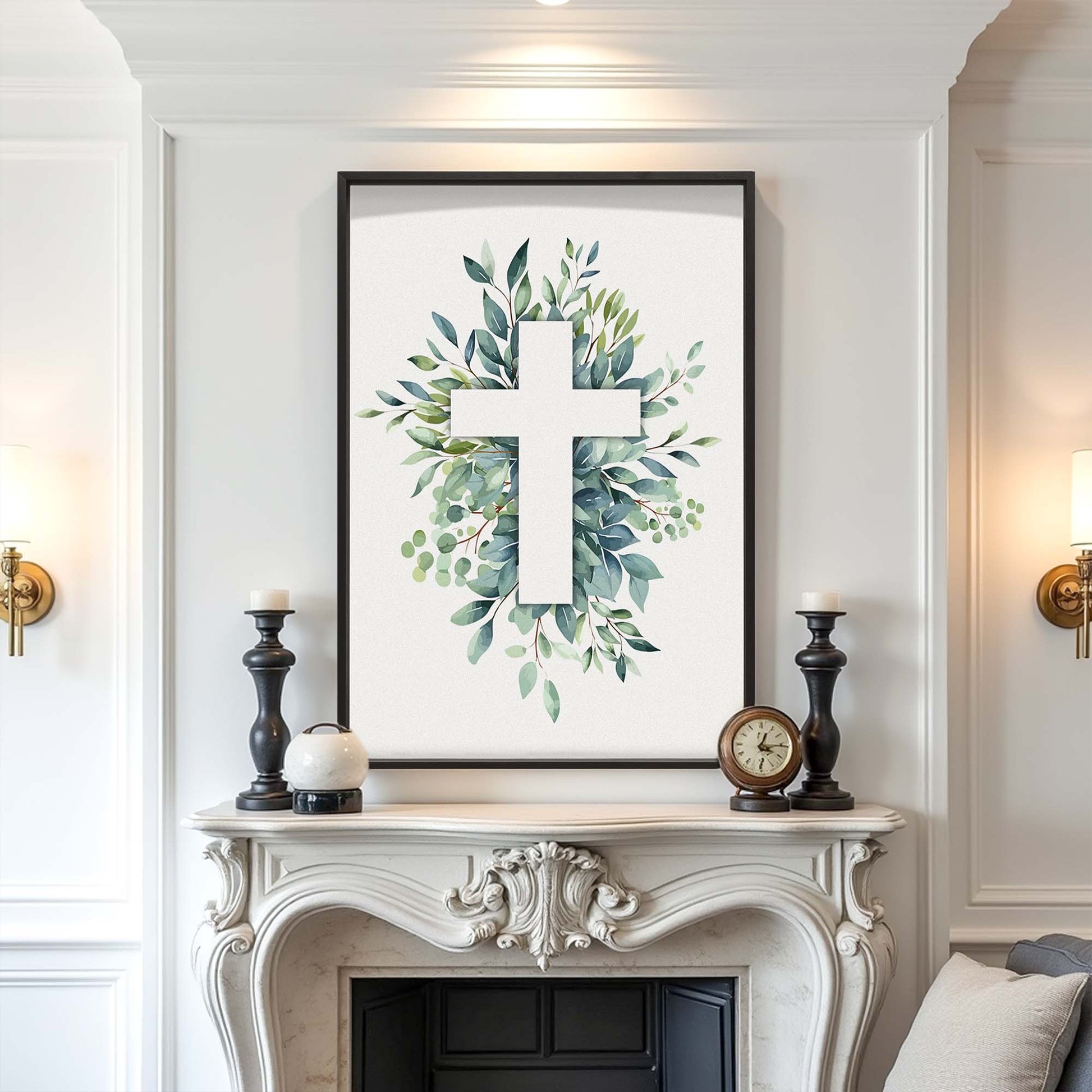 Evergreen cross Christian faith canvas wall art with textured background, ready to hang