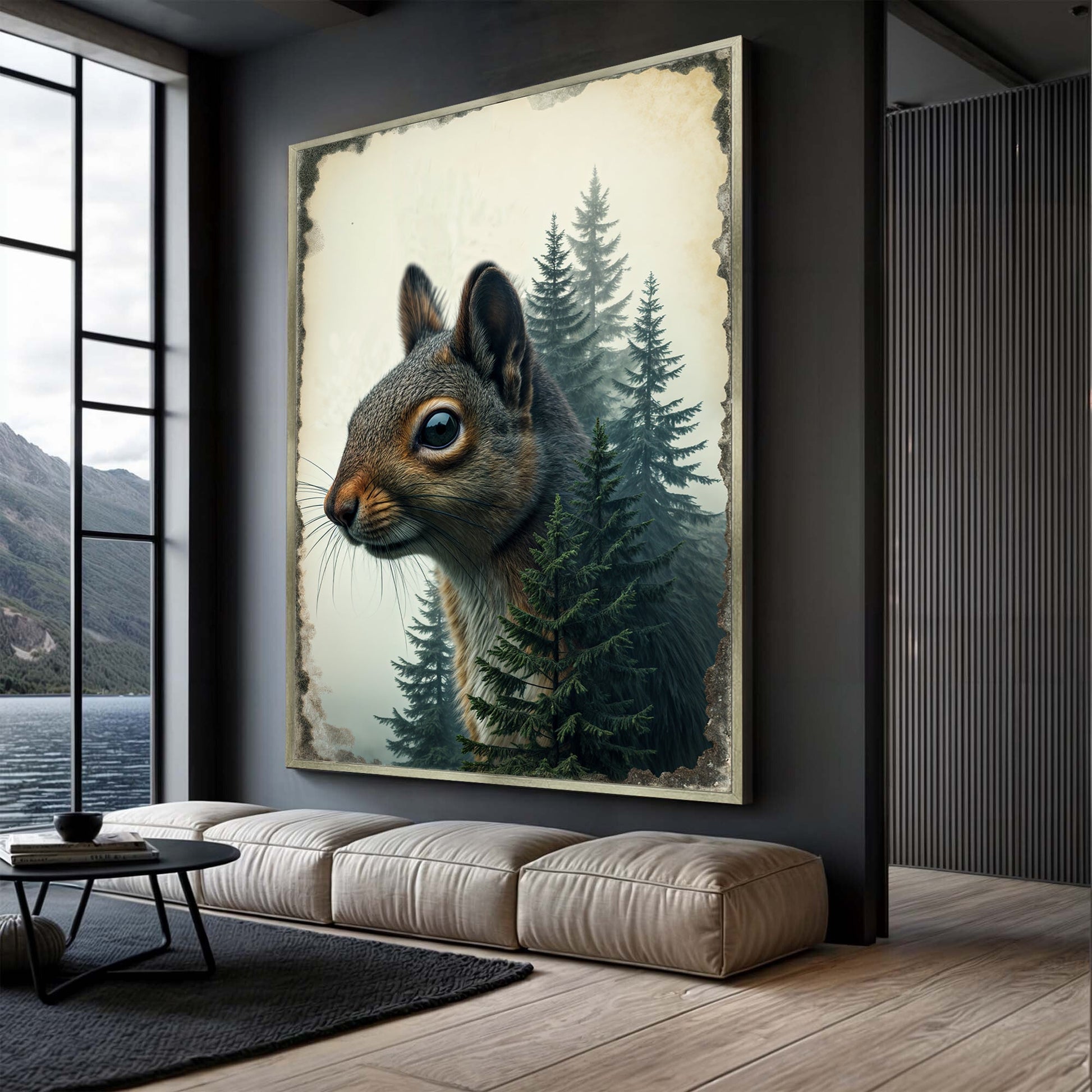 Squirrel double exposure nature canvas wall art woodland wildlife art