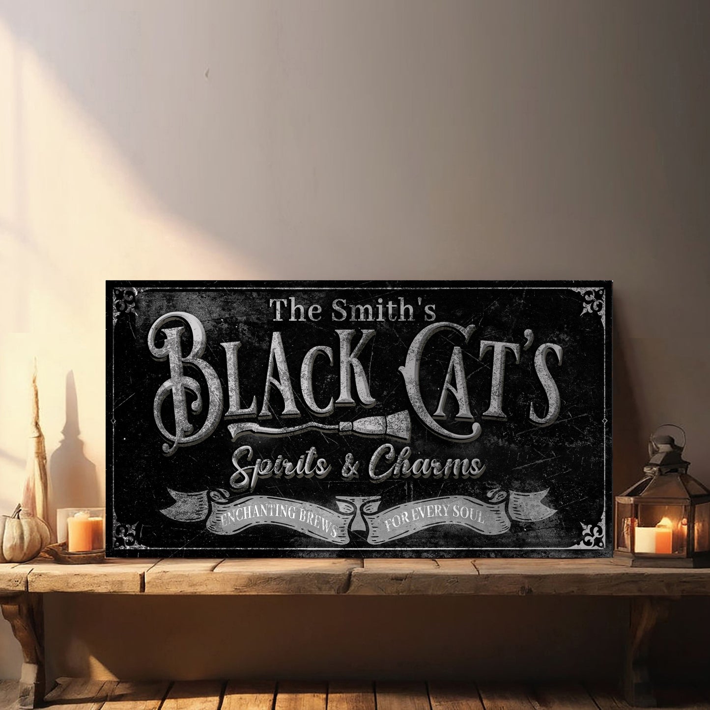 Halloween black cat charms bar canvas wall art with festive witchy home decor design