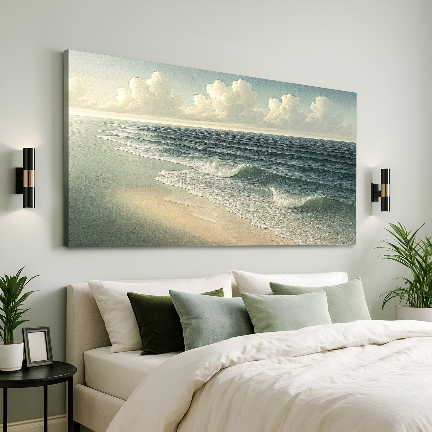 Beach shoreline with soft waves and sandy coast — coastal canvas wall art