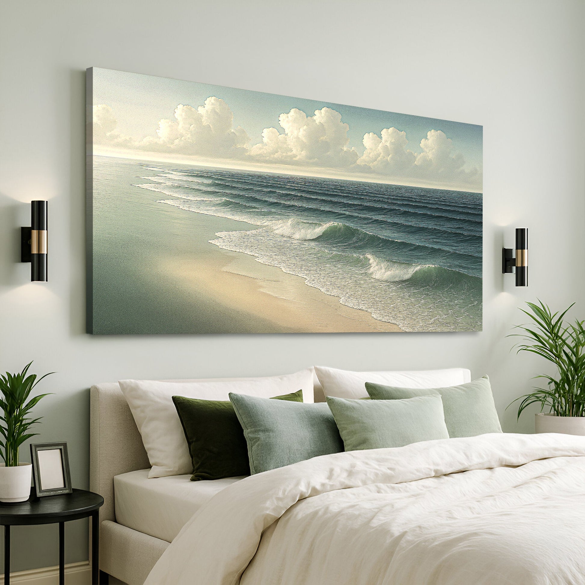 Beach shoreline with soft waves and sandy coast — coastal canvas wall art
