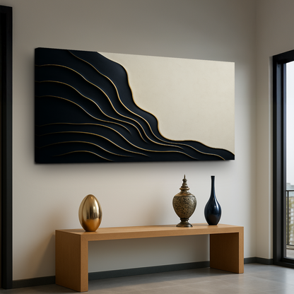 Black and gold minimalist abstract canvas wall art with bold contrast, ready to hang