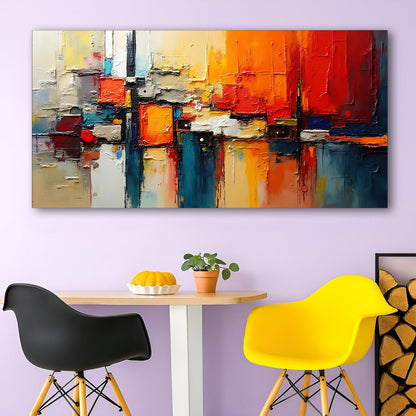Colorful abstract canvas wall art with bold bright shapes, ready to hang