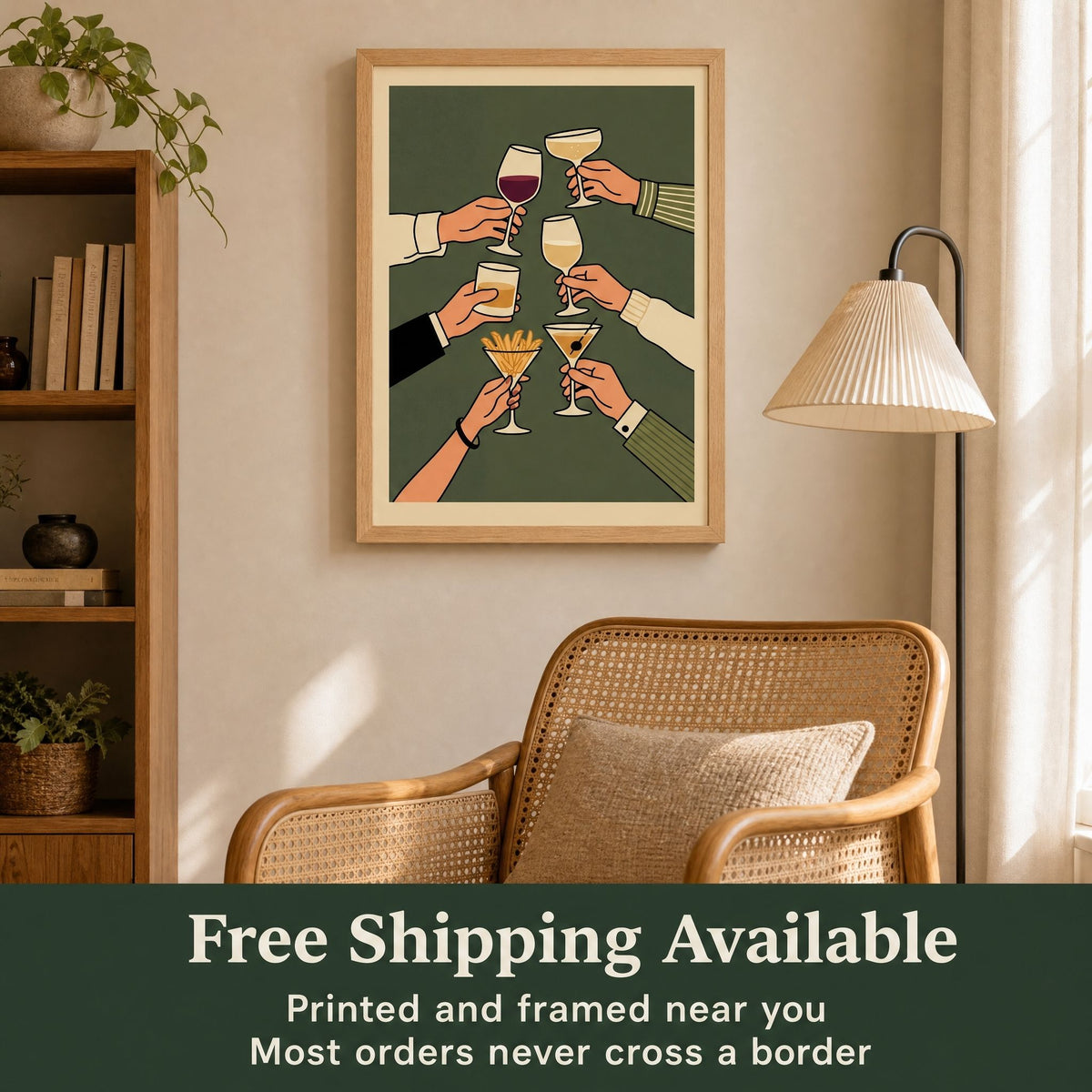 Cheers cocktail toast print in a reading nook, with a band reading free shipping available
