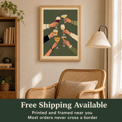 Cheers cocktail toast print in a reading nook, with a band reading free shipping available