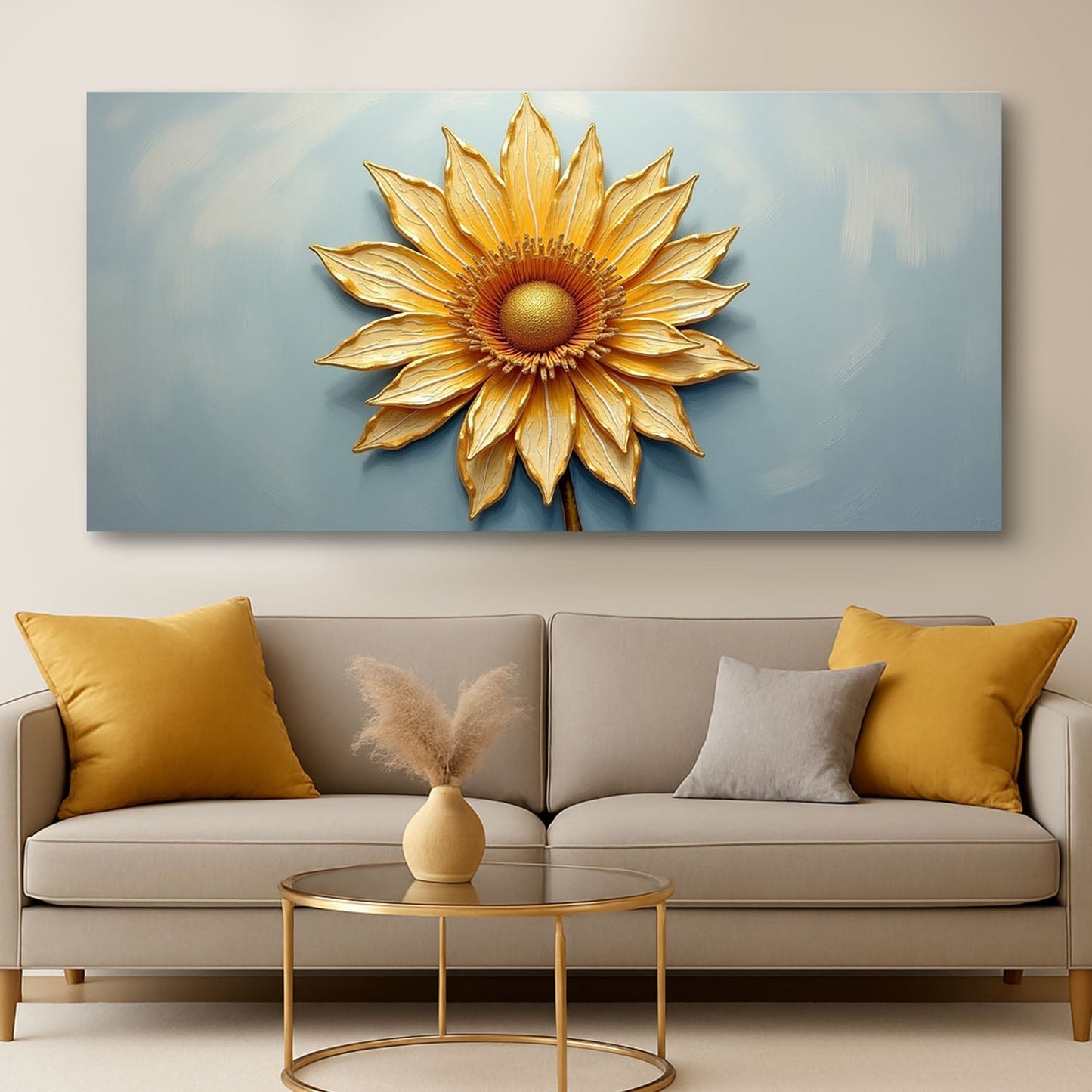 Golden dandelion minimalist canvas wall art with warm gold tones on clean background