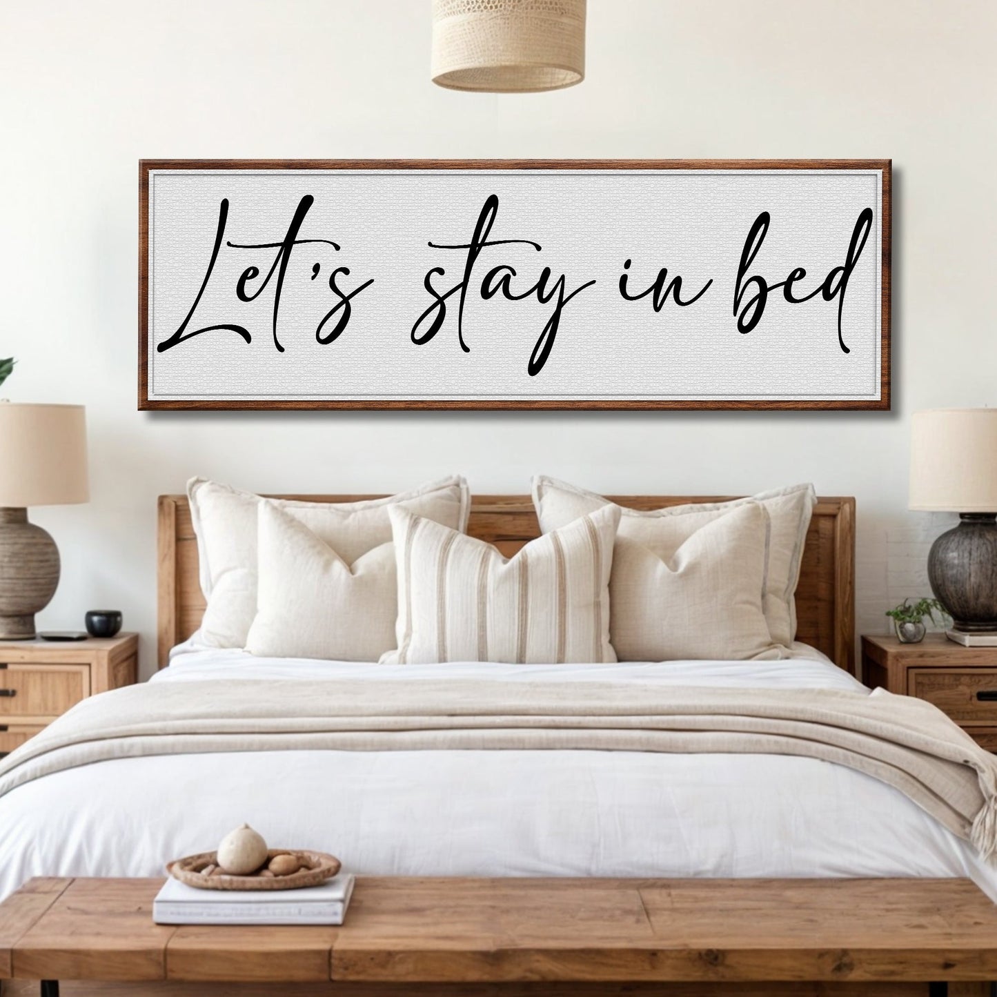 Let's Stay in Bed bedroom canvas wall art with relaxed romantic typography for bedroom decor