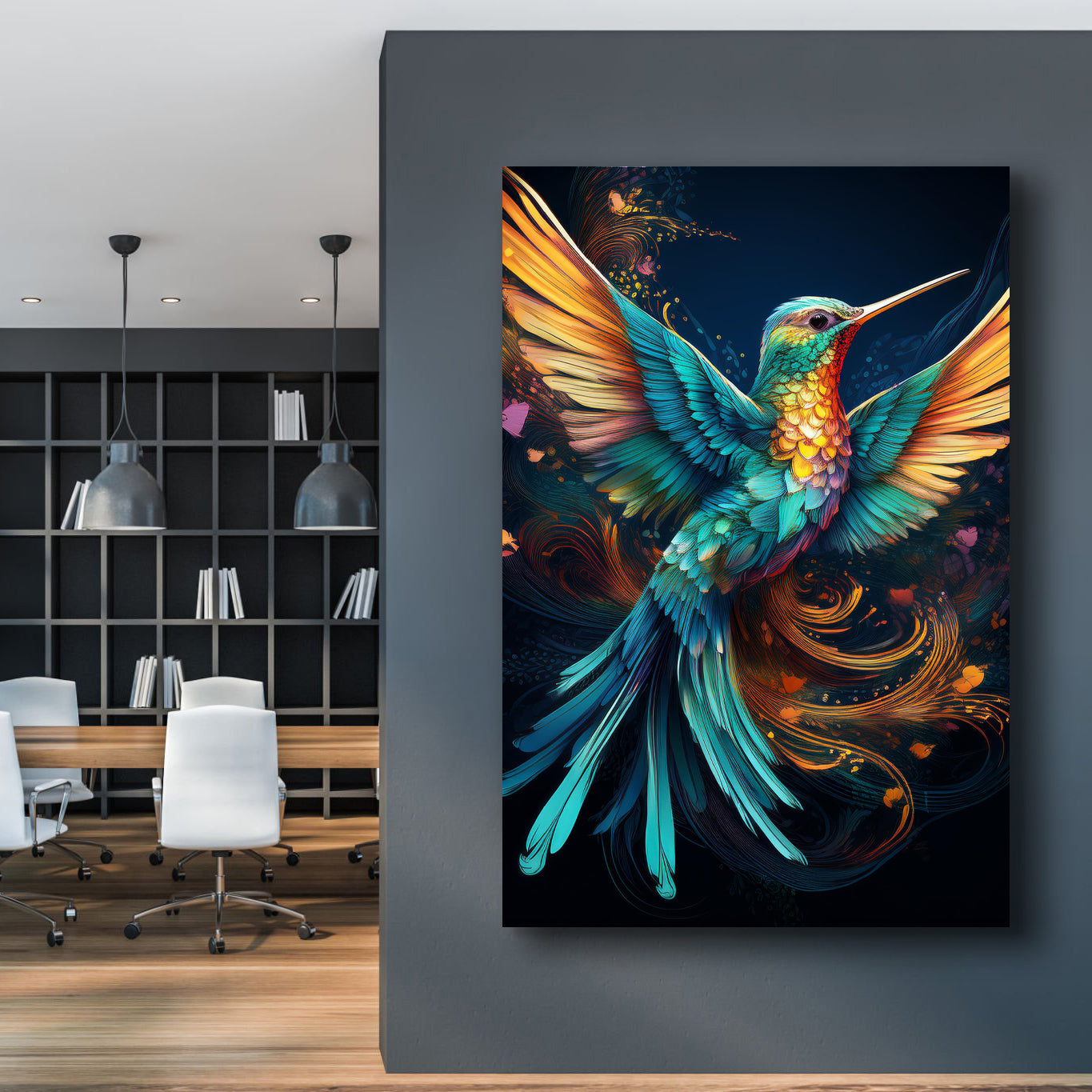 Hummingbird abstract canvas wall art with vivid color brushwork, gallery-wrapped, ready to hang