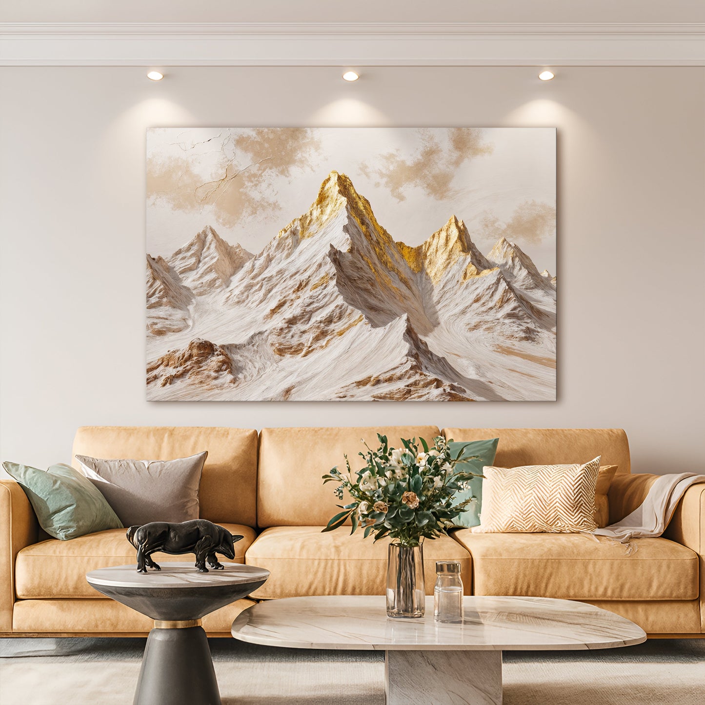 Golden peaks canvas wall art with warm light over layered mountains