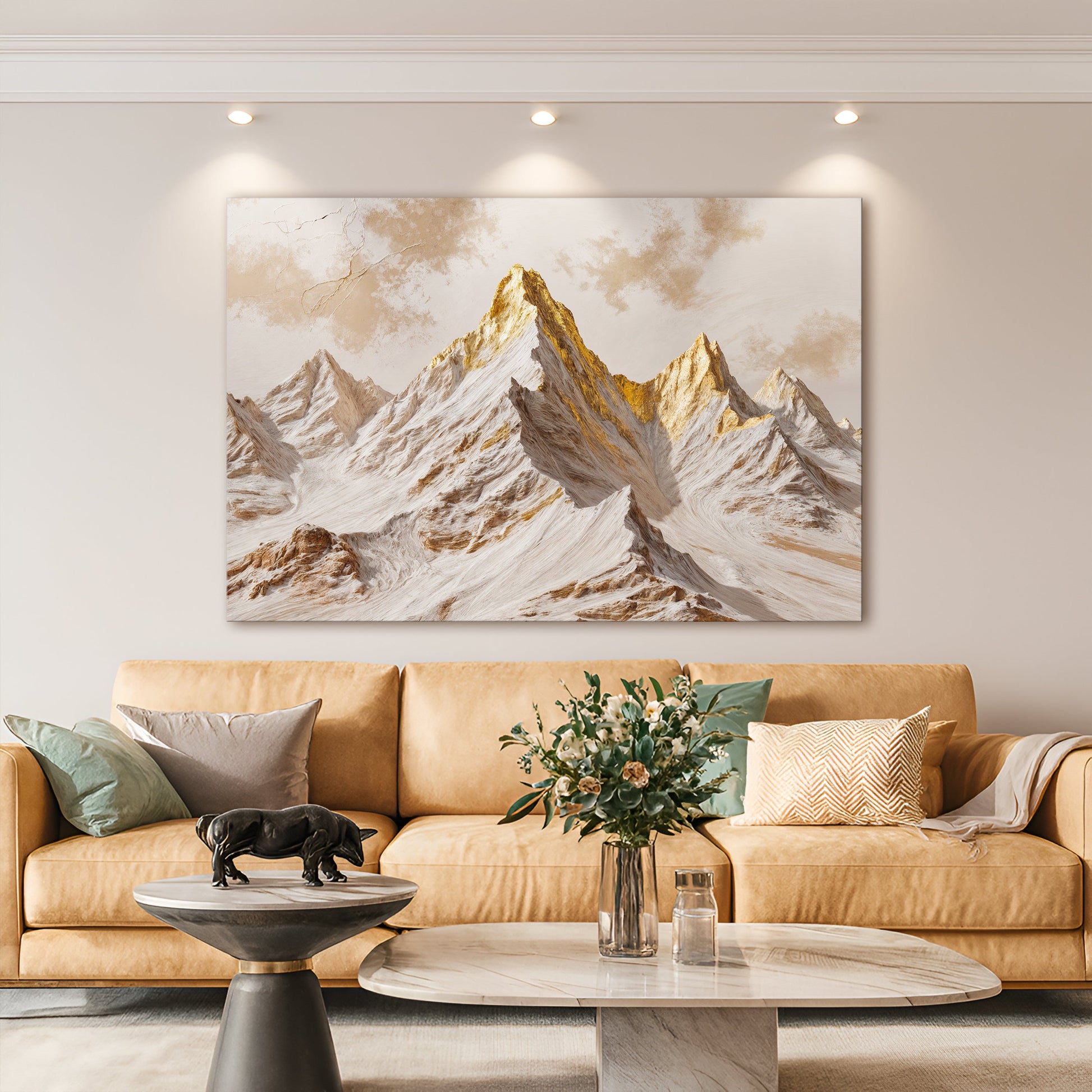 Golden peaks canvas wall art with warm light over layered mountains
