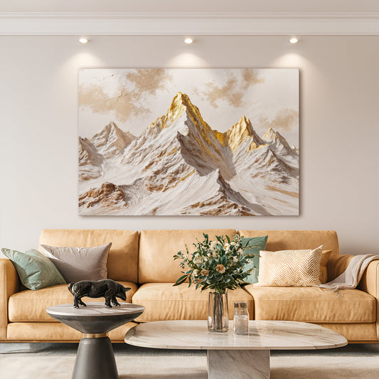 Golden peaks canvas wall art with warm light over layered mountains