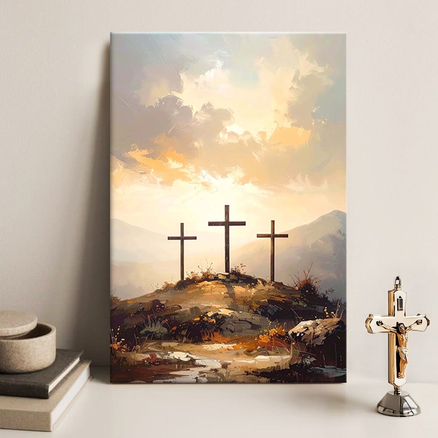 Three crosses on Calvary faith canvas wall art - scripture Christian home decor