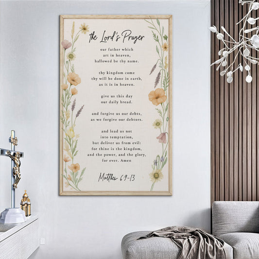 Canvas sign with The Lord's Prayer, Matthew 6:9-13, on cream, surrounded by soft watercolor wildflowers