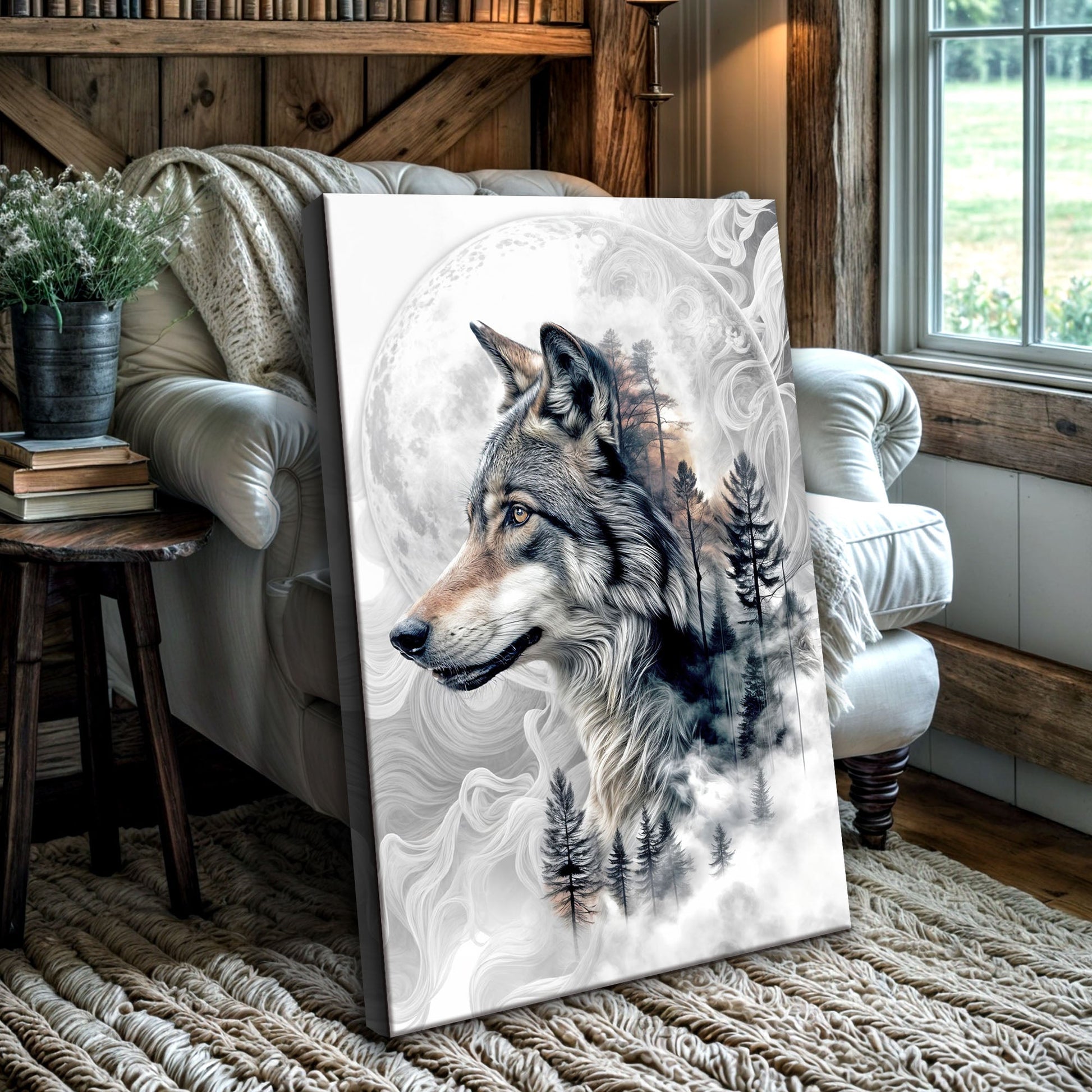 Wolf double exposure canvas wall art blending wolf silhouette with nature scene