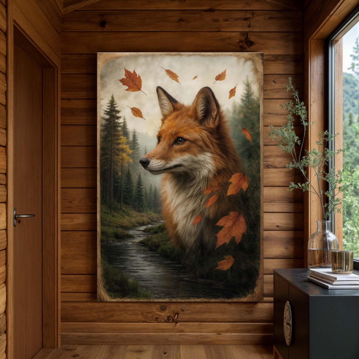 Autumn fox double exposure canvas wall art