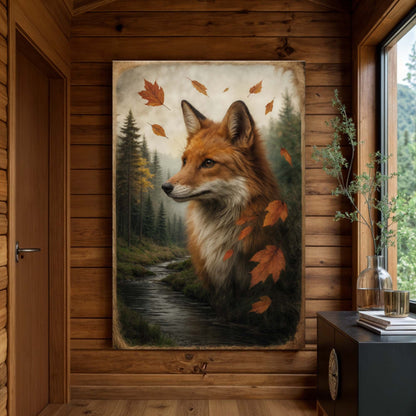Autumn fox double exposure canvas wall art