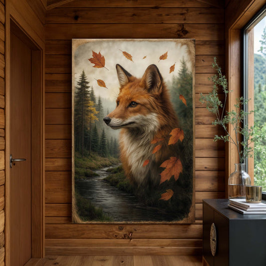 Autumn fox double exposure canvas wall art