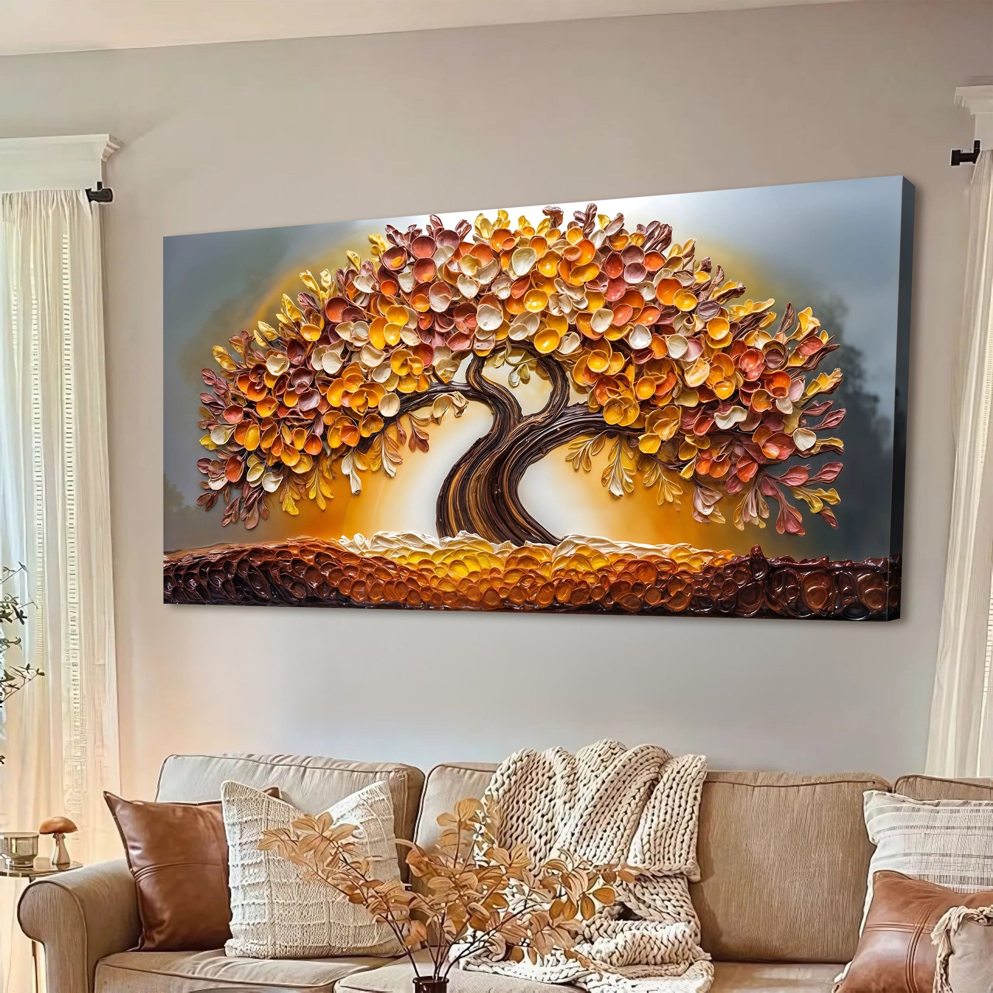 Golden autumn fall landscape canvas wall art with warm amber and golden tones