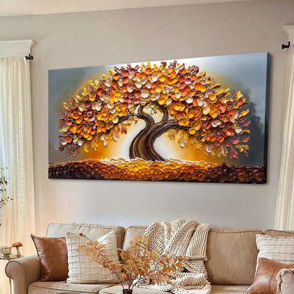 Golden autumn fall landscape canvas wall art with warm amber and golden tones