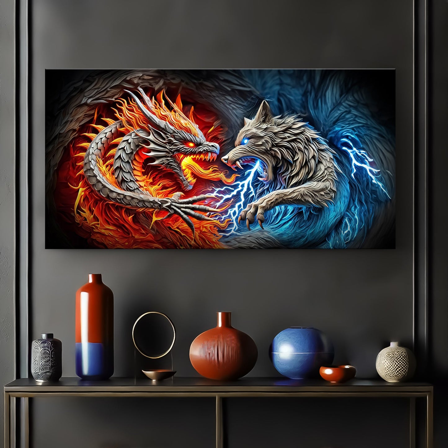 3D dragon and wolf canvas wall art design two