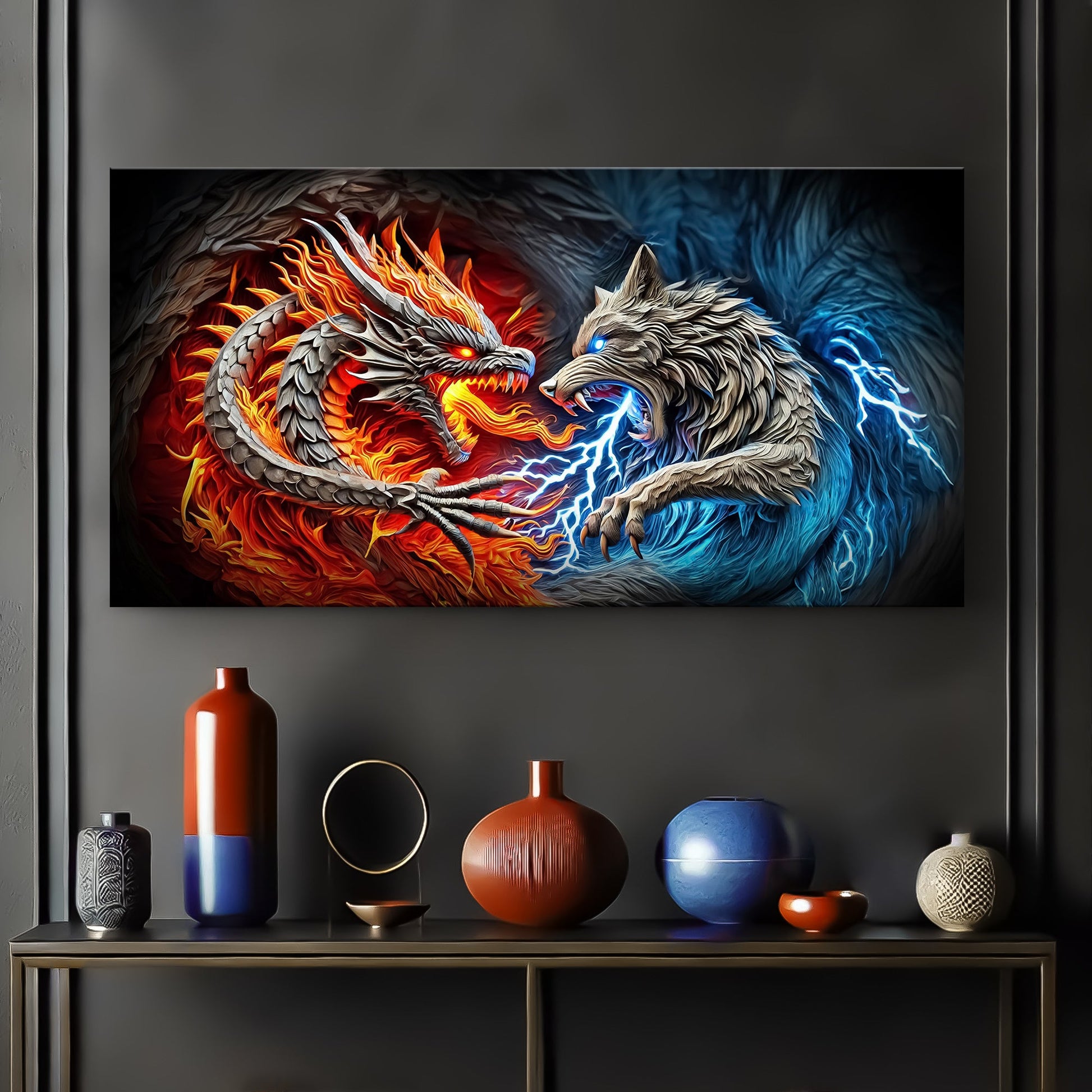 3D dragon and wolf canvas wall art design two