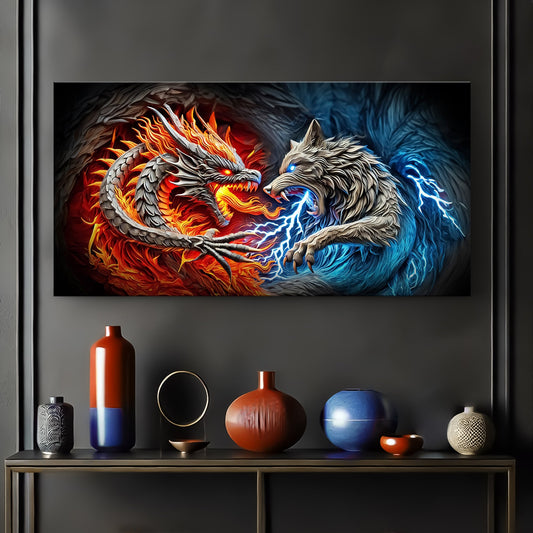 3D dragon and wolf canvas wall art design two