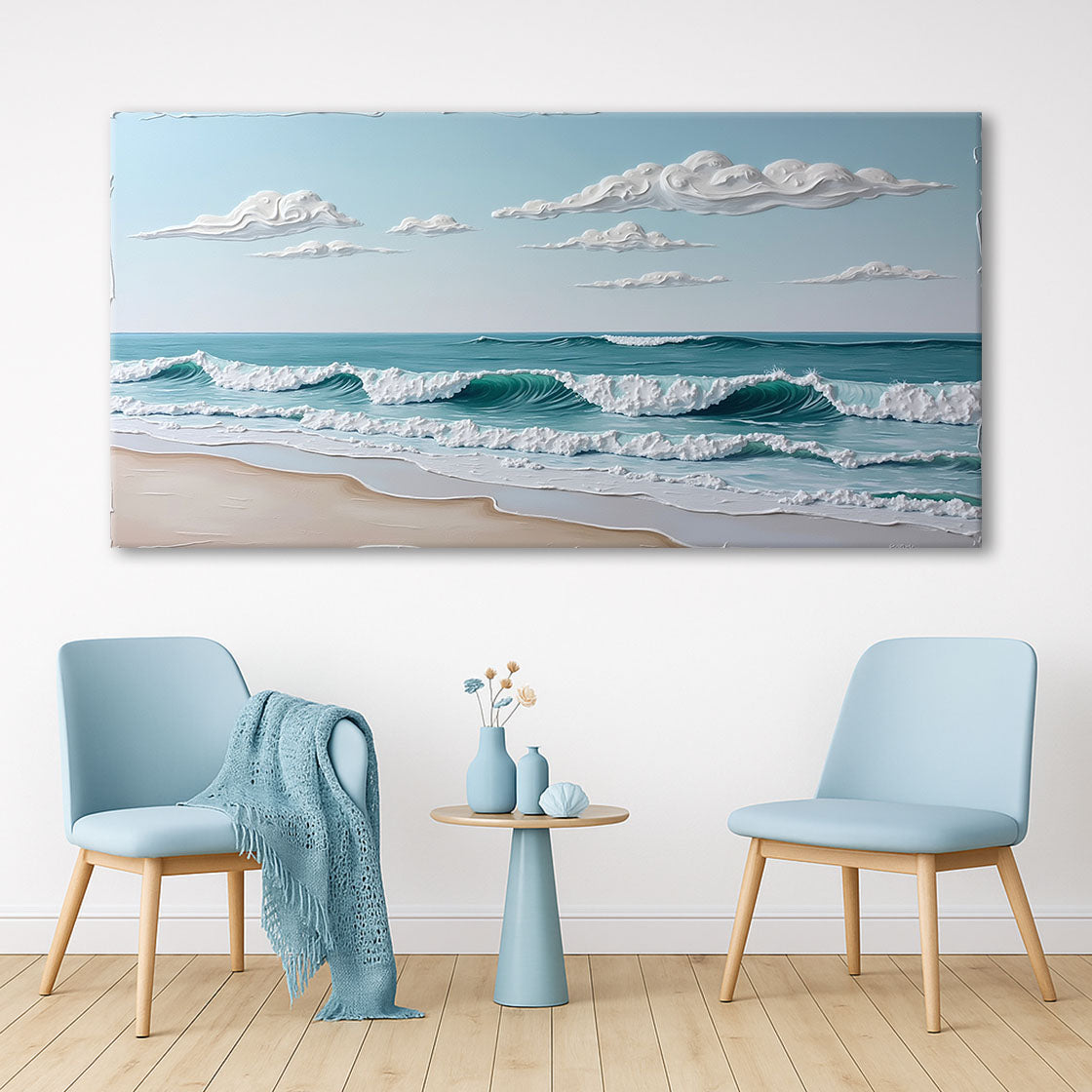 Serene ocean wave canvas coastal wall art in soft blue tones, ready to hang