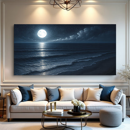 Beach shoreline coastal canvas wall art in calm blue tones, ready to hang
