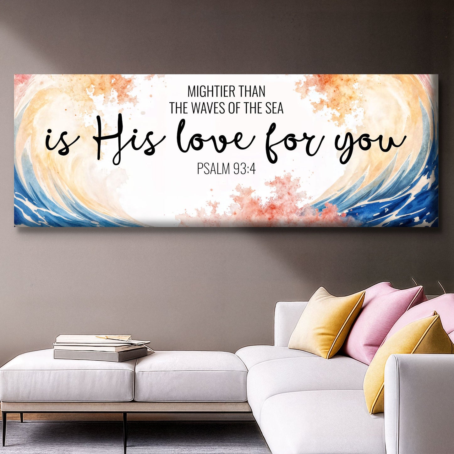 Psalm 93:4 Mightier Than the Waves faith canvas wall art — coastal scripture sign