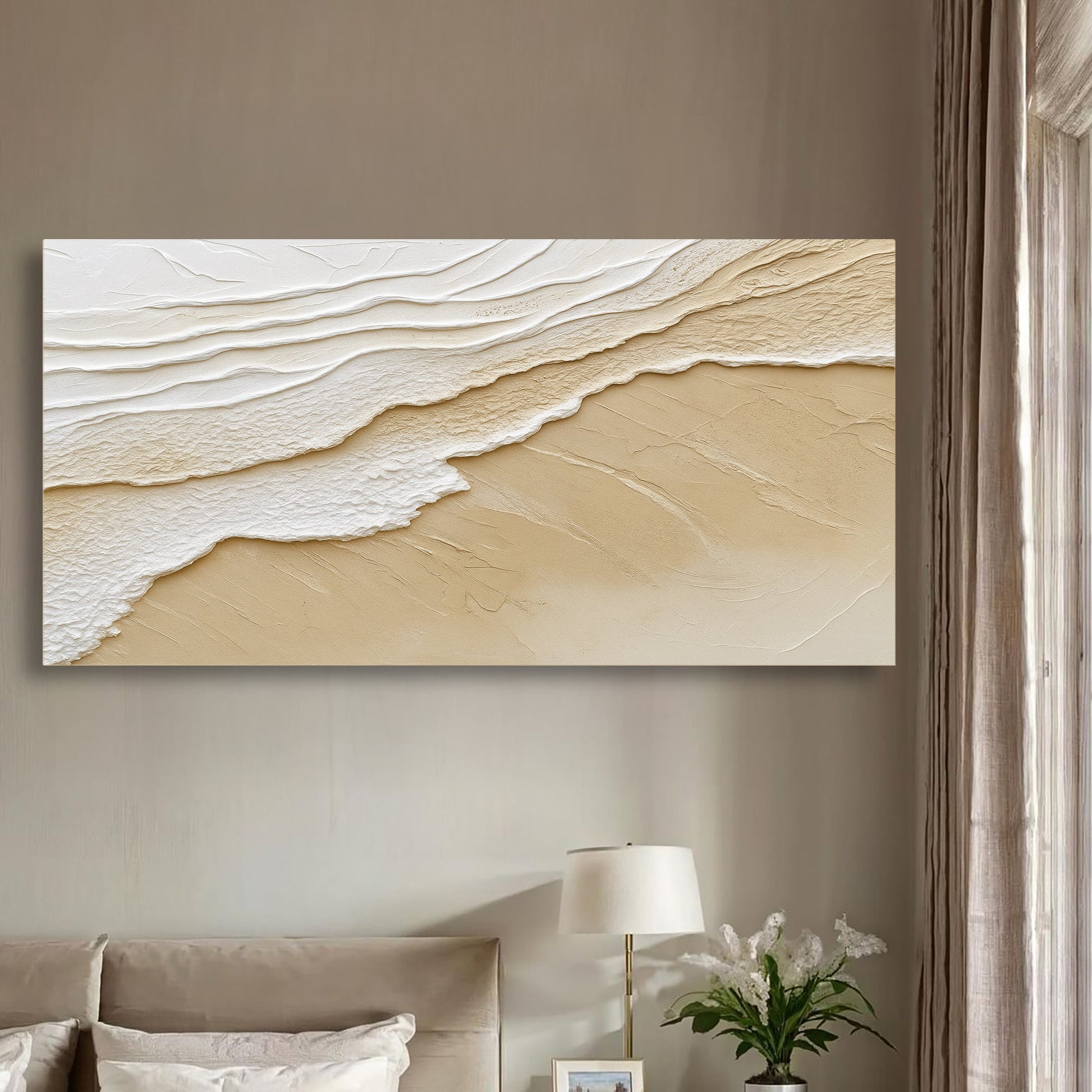 Neutral ocean waves canvas wall art in warm sandy tones, ready to hang