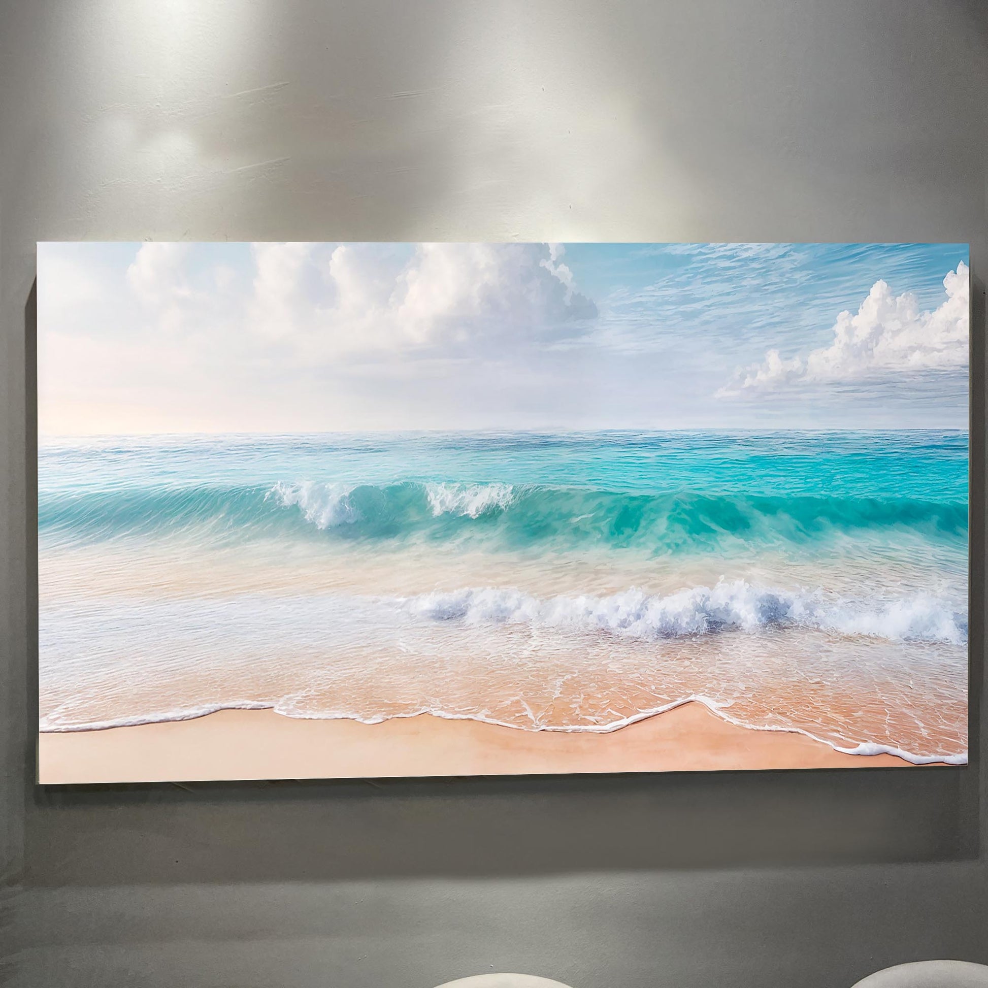 Serene ocean wave coastal canvas wall art in soft neutral tones, ready to hang