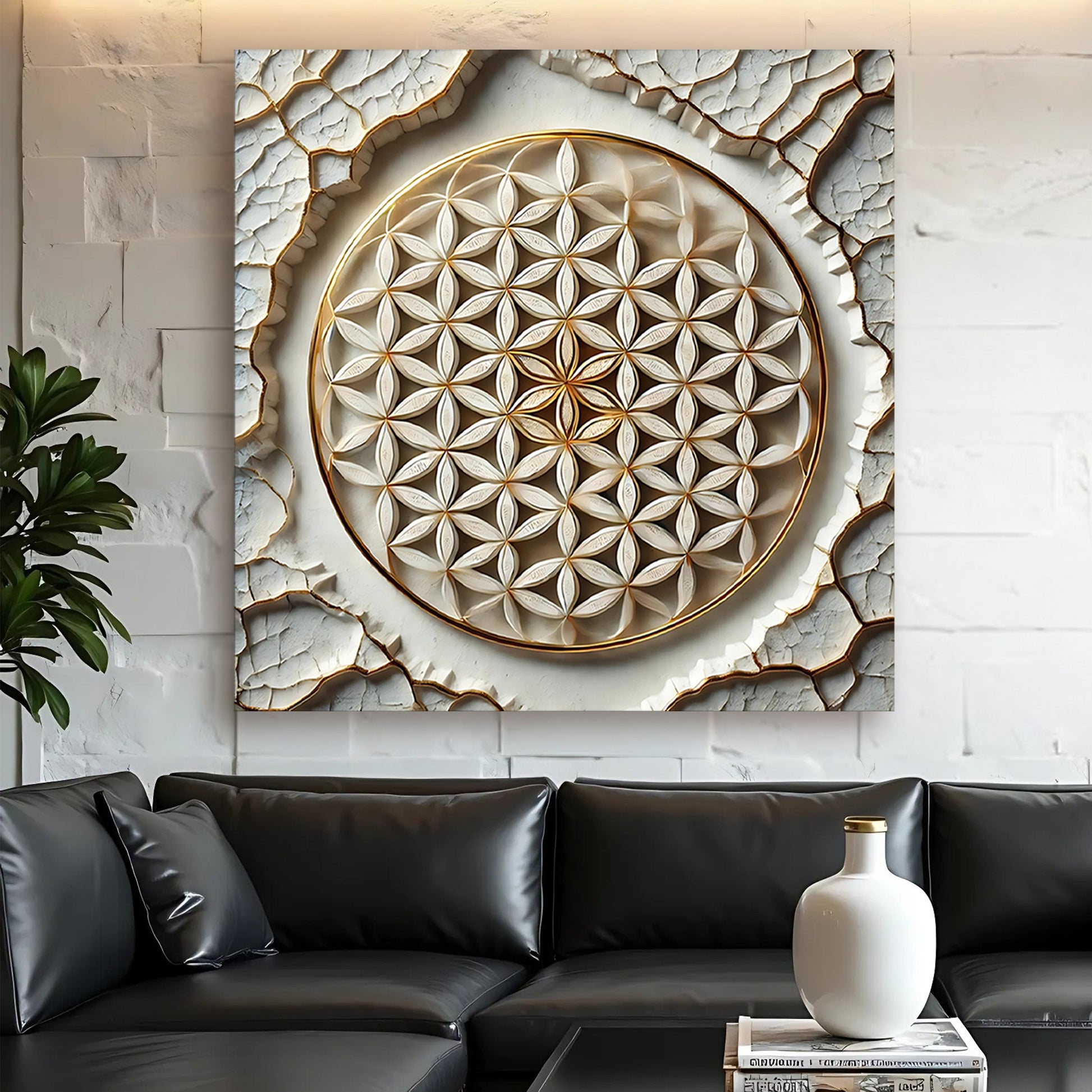 Flower of Life 3D canvas wall art gold-on-dark style, gallery-wrapped, made in the USA