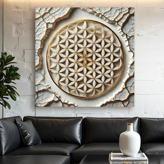 Flower of Life 3D canvas wall art gold-on-dark style, gallery-wrapped, made in the USA