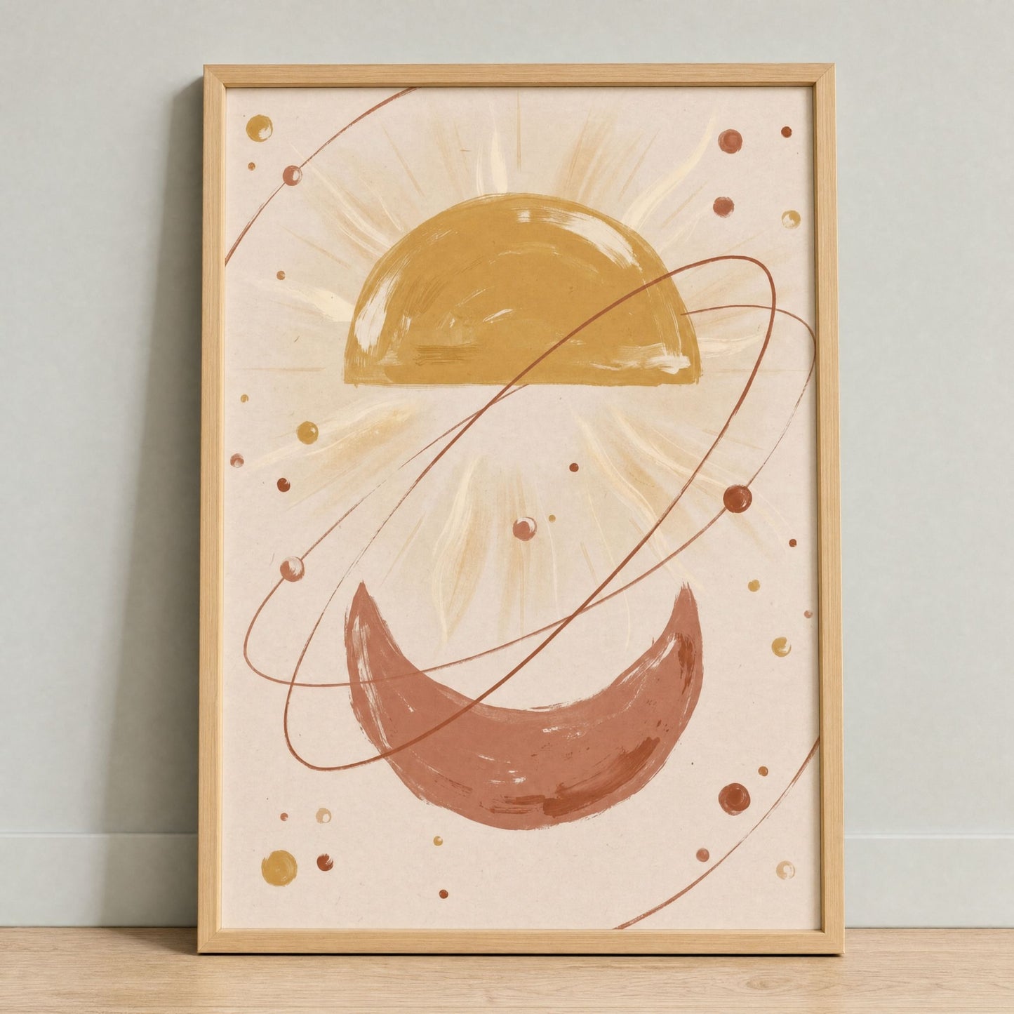The terracotta and gold print seen at an angle, showing the slim natural wood frame and glazing.