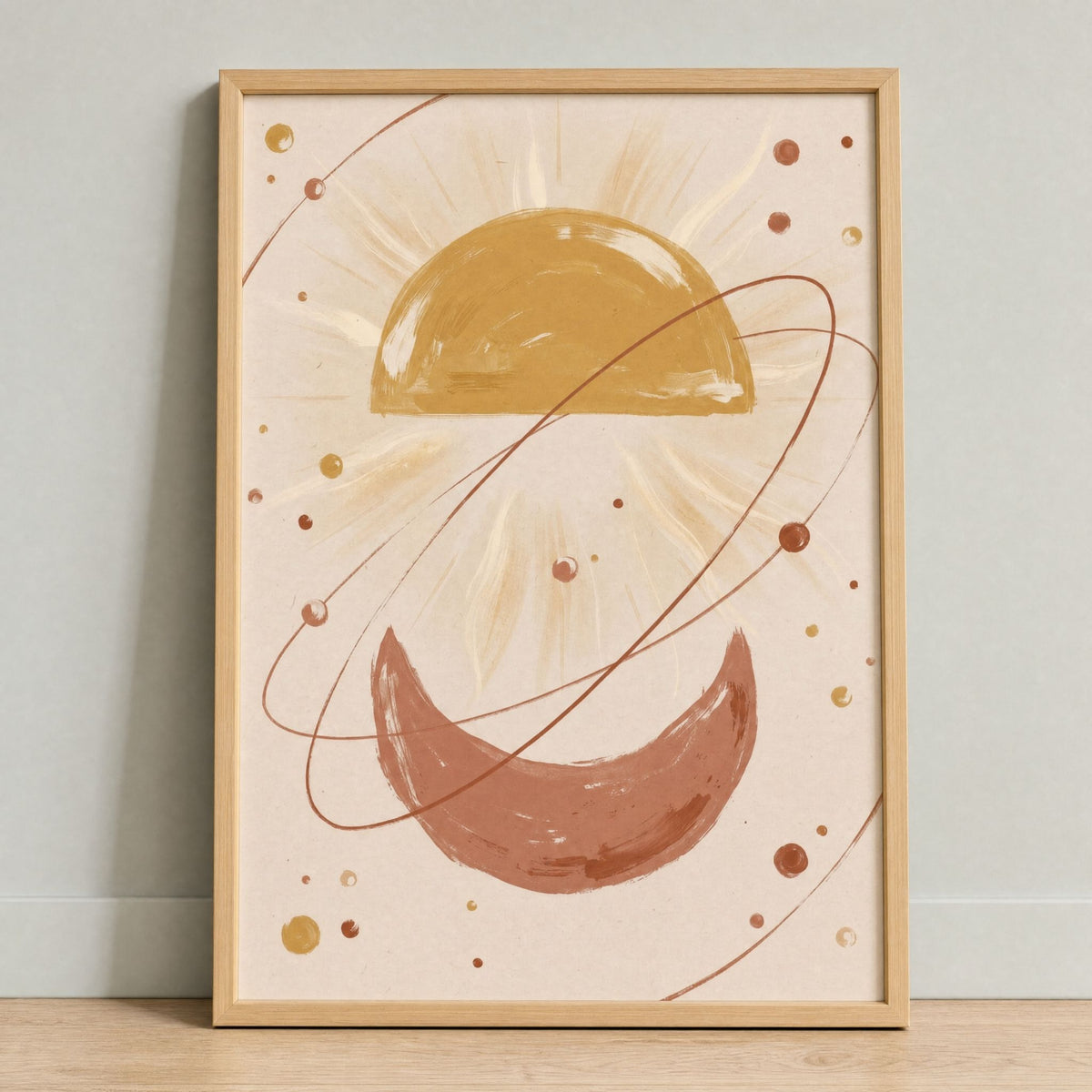 The terracotta and gold print seen at an angle, showing the slim natural wood frame and glazing.