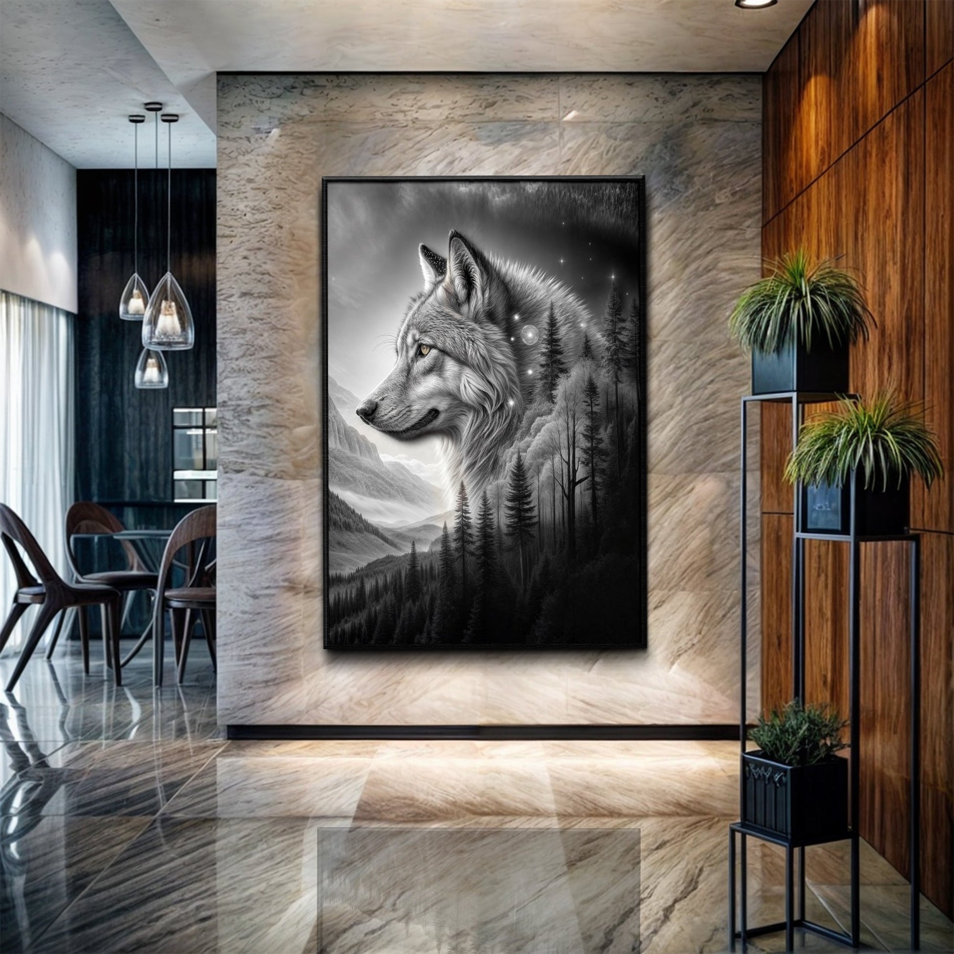 Wolf double exposure canvas wall art II with atmospheric layered wildlife portrait