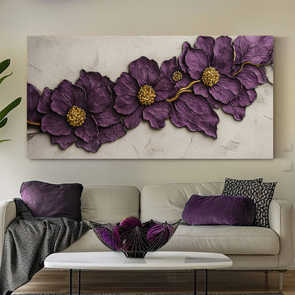 Purple flower plaster relief canvas wall art in calm lilac tones, ready to hang