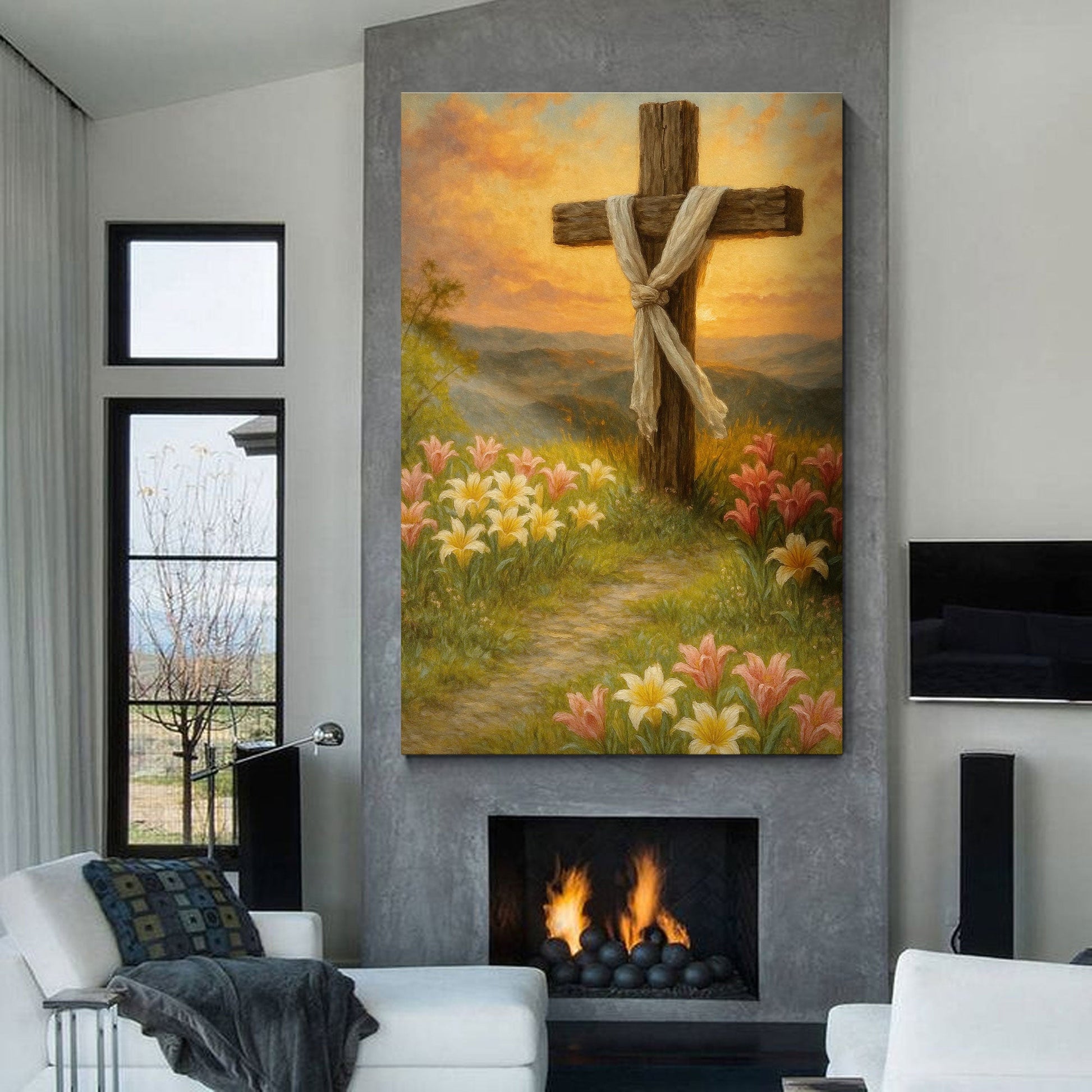 Cross and flowers faith canvas wall art III Christian botanical decor