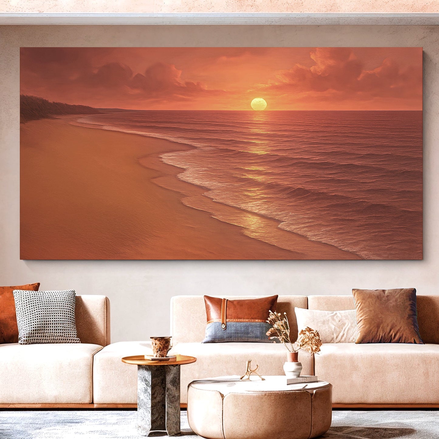 Panoramic beach shoreline with golden sand and rolling surf — coastal canvas print