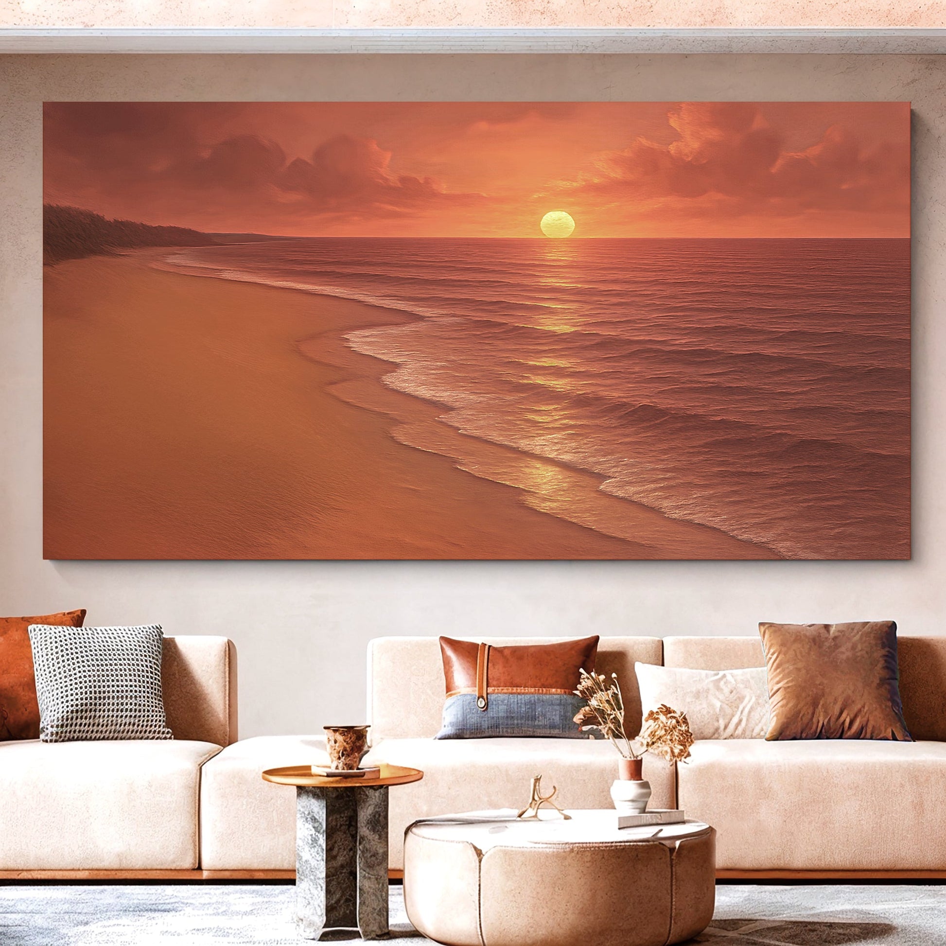Panoramic beach shoreline with golden sand and rolling surf — coastal canvas print