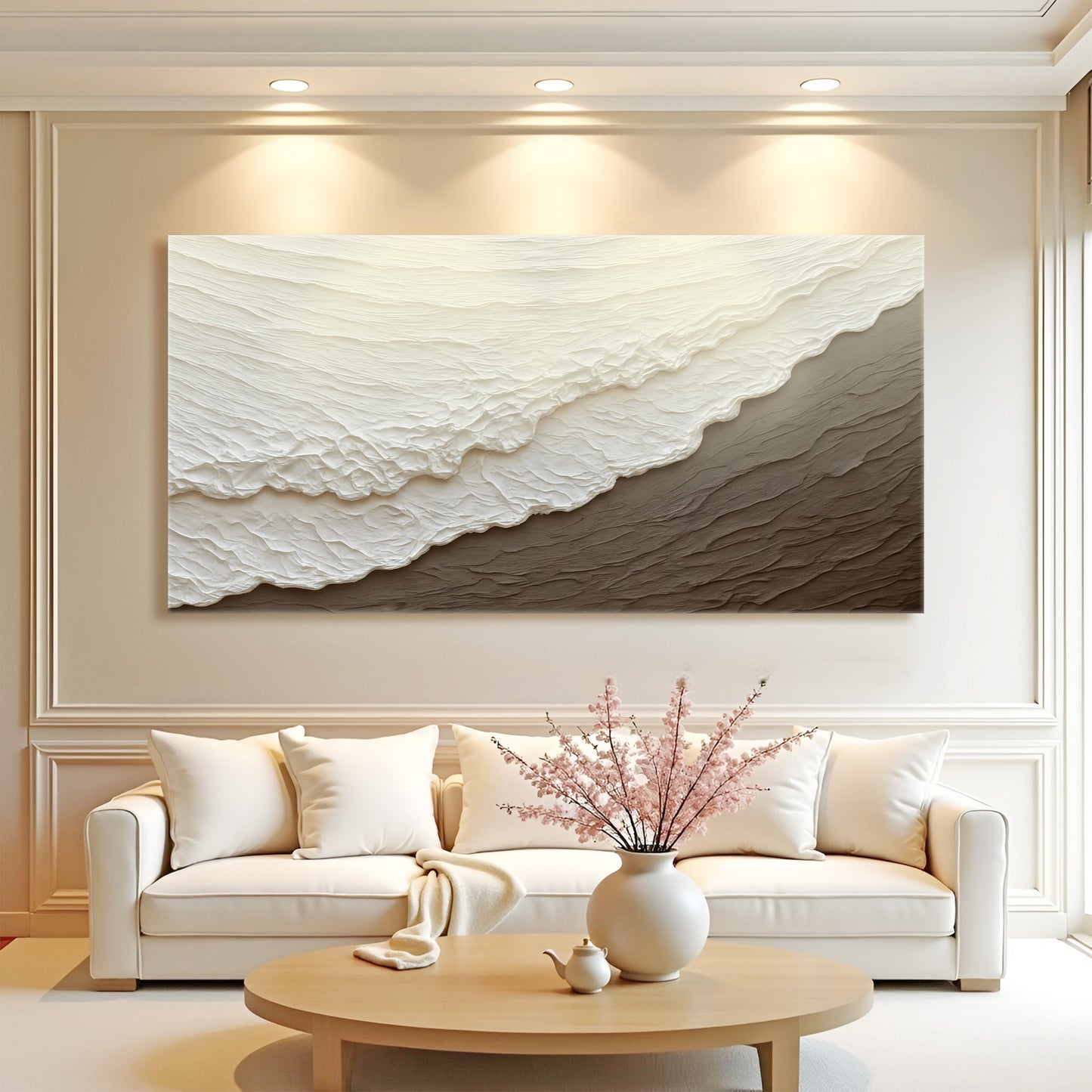 Abstract ocean waves canvas wall art in soft blues and white, gallery-wrapped, ready to hang