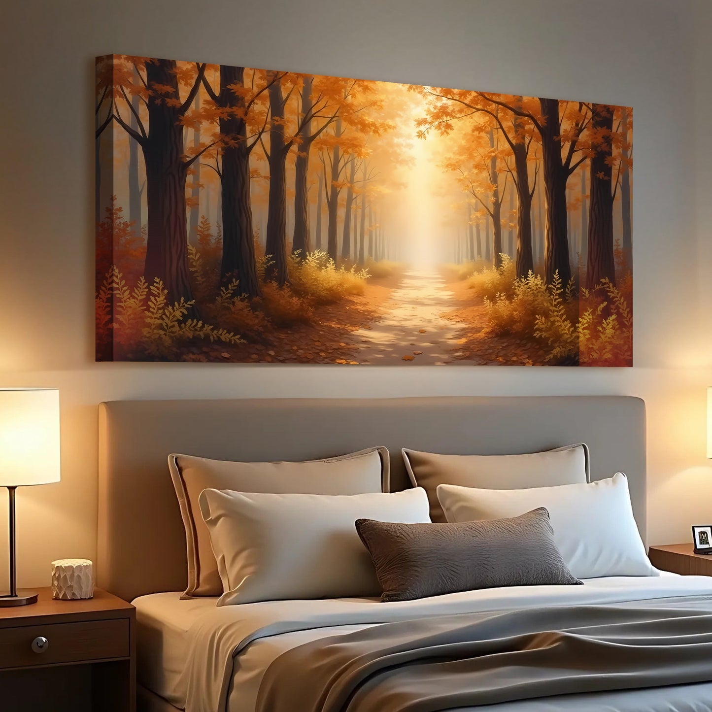 Abstract forest landscape canvas wall art with mountains and river in earthy gold tones
